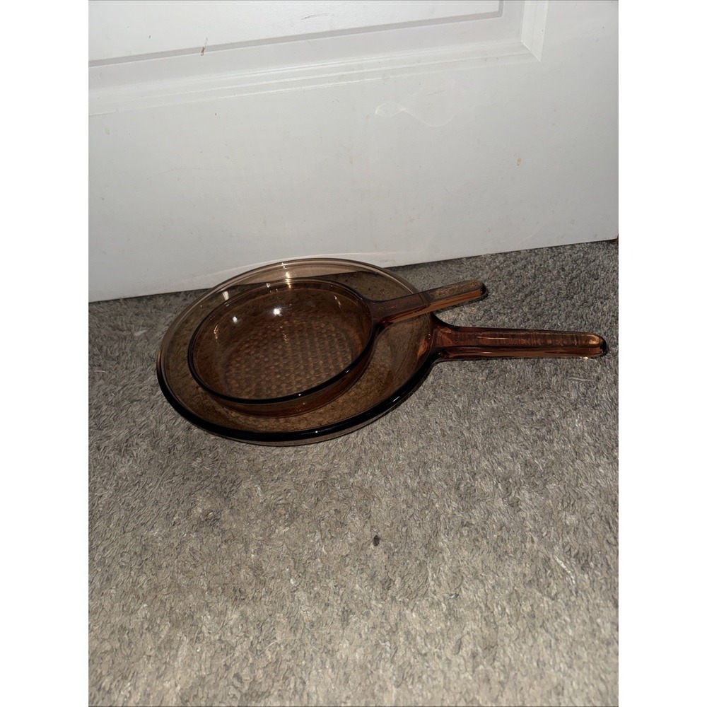 Vtg Corning Ware Visions Glass Amber Waffle Bottom Fry Pan Skillets 10.5" & 7" - Picture 2 of 9